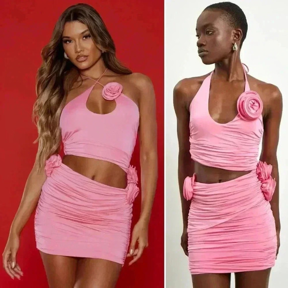 Magda Butrym Rosette Silk Jersey Pink Ruched Cutout Mini Dress 42 IT / US 6 - Picture 9 of 16